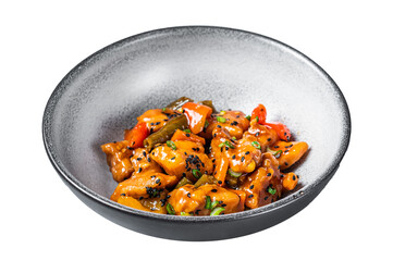 Chinese Sweet and Sour Pork guo bao rou in a bowl. Isolated, Transparent background.