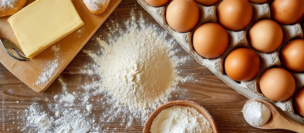 Sticker top-down view of baking necessities for yeast dough and pastry, including eggs, butter, flour-dusted