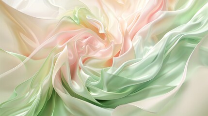 A graceful fluid abstract composition in pistachio green and pale rose, suggesting a soft, springtime elegance.