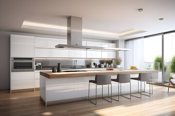 White corner kitchen in contemporary style, with bar top and black chairs. suspended lamps and square hood