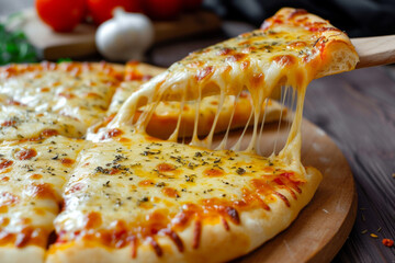 Cheesy Pepperoni Pizza. Hot pizza cheese crust seafood topping sauce vegetables delicious fast food. Hot pizza cheese crust seafood topping sauce vegetables delicious fast food