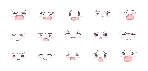 Set of anime kawaii cute different emotions smile. Expression faces emoji. Vector illustration in cartoon childlike manga style