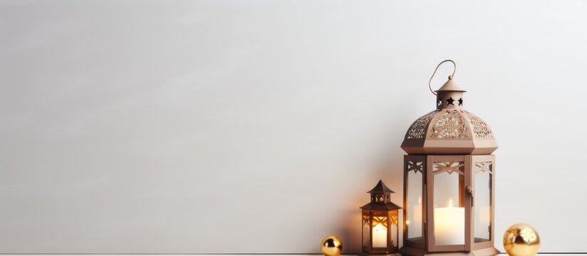 Celebration of islamic eid mubarak and eid al adha lantern in a light background