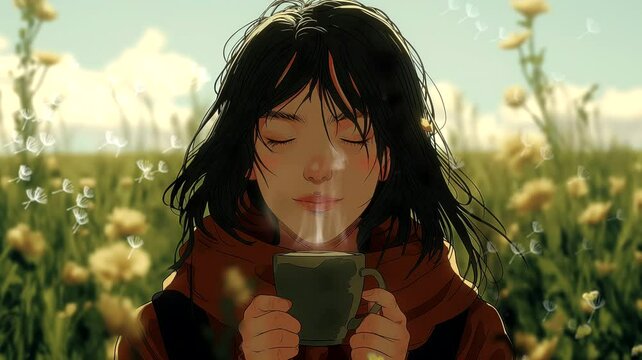 Woman in a field with flying dandelion enjoying coffee aroma. Seamless looping time-lapse 4k video animation background
