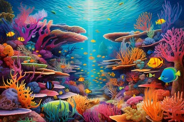 Fototapeta na wymiar A vibrant coral reef teeming with life, showcasing the incredible diversity of marine creatures beneath the surface of the ocean.