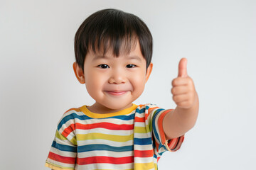 Happy little cute Asian boy giving thumbs up on white background