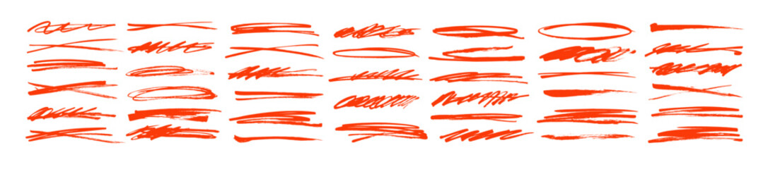 Red underline and strike through markers collection. Horizontal hand drawn marker stripes, scribble brush strokes, ovals and scrawls. - obrazy, fototapety, plakaty