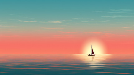 Lonely sailing boat at sea - Minimalism style poster. - obrazy, fototapety, plakaty