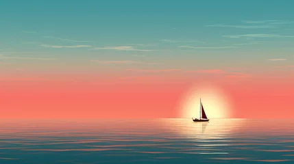 Deurstickers Lonely sailing boat at sea - Minimalism style poster. © Natia