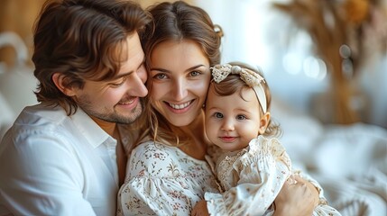 Obraz premium Close up portrait of beautiful family with a small child girl at home, indoors. Mother, father, and baby together