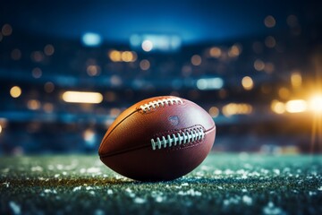 American football ball on the grass with blurred stadium lights in the background