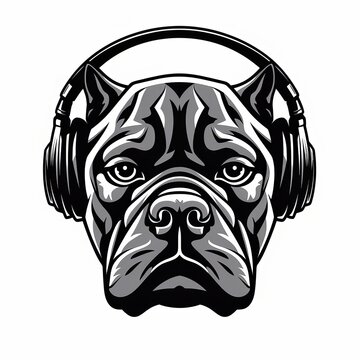 A black and white illustration of a Bulldog wearing headphones , generated by AI