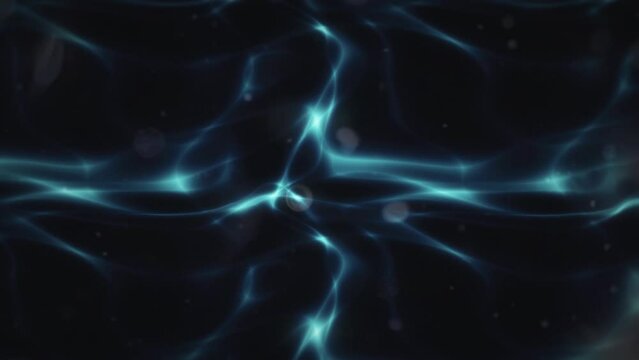 Free floating blue light wave on black background, small particles moving