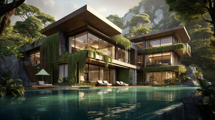 Fototapeta na wymiar Luxury villa in tropical rainforest. High class.
