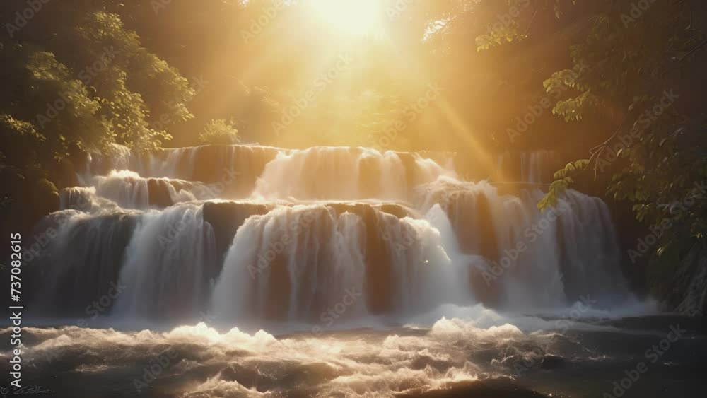 Poster the sun setting behind a series of cascading waterfalls creating a dreamy and ethereal atmosphere.