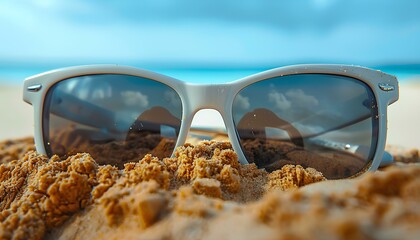 sunglasses in sand on beach. sunglasses on beach during summertime. close up sunglasses on a sandy beach. sunglasses with dark lenses looking to the ocean