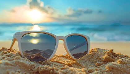 sunglasses in sand on beach. sunglasses on beach during summertime. close up sunglasses on a sandy beach. sunglasses with dark lenses looking to the ocean