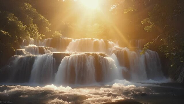 The sun setting behind a series of cascading waterfalls creating a dreamy and ethereal atmosphere.