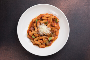 Rigatoni pasta with tomato sauce and parmesan cheese