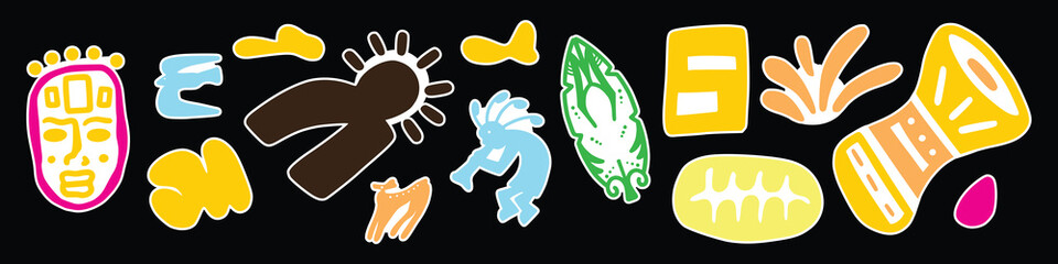 Abstract etnic sticker africa various bright doodle shapes and objects. Hand drawn Vector seamless Pattern. Background, wallpaper, Wrapping, textile template © Bones