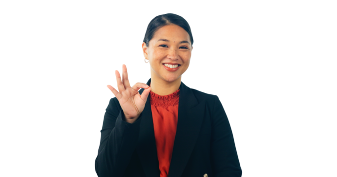 Business woman, portrait and agreement with OK hand gesture for support isolated on png transparent background. Japanese corporate agent with praise, pride and like emoji, professional and excellence