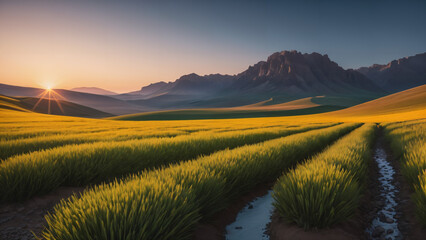 : grassy field with a dirt path leading to a mountain range