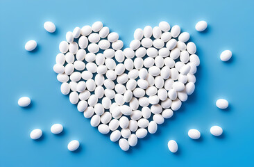 White pills laid out in the shape of a heart on a blue background. Horizontal format.