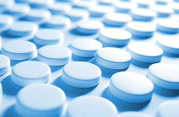 Wallpaper white tablets scattered on a blue background. Vertical format.