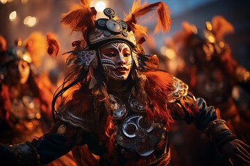 Tsam dance. A Mongolian performer in traditional attire dances the Tsam, a spiritual and expressive ritual, at sunset with others in the background.