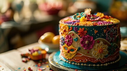 Carnival-themed cake, featuring bold colors, mask motifs, and festive decorations, set against a lively and celebratory background