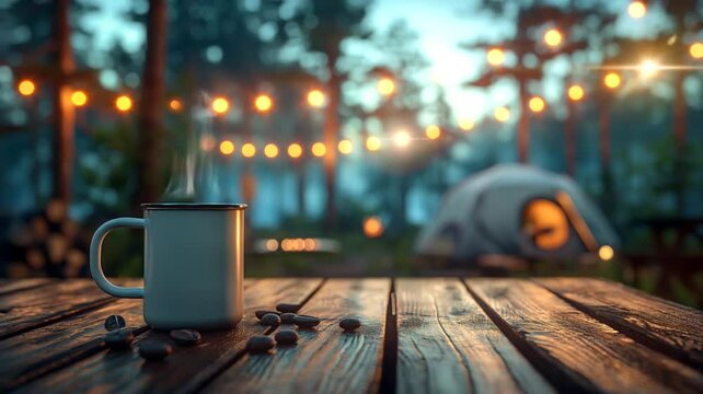 Coffee cup with coffee bean on campsite background. Seamless looping time-lapse 4k video animation background