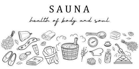 Sauna and wellness body care vector banner template. Set of doodle hand drawn elements. - obrazy, fototapety, plakaty