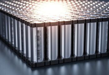 Lithium-ion batteries form a battery pack utilized in electric vehicles. 3d render - obrazy, fototapety, plakaty
