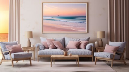 copy space beach composition, embraced by the soft pastel tones of dawn, capturing the essence of a new day unfolding by the shore