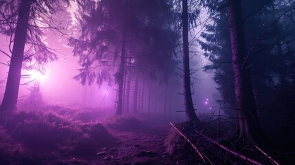 Obraz premium dense fog illuminated by ethereal violet lights creating an otherworldly atmosphere