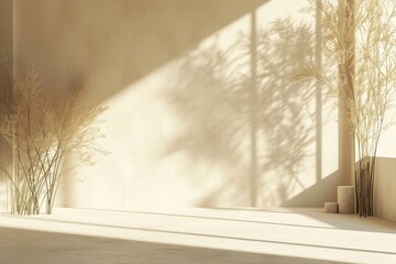 Minimalistic light beige background with window shadow and vegetation.