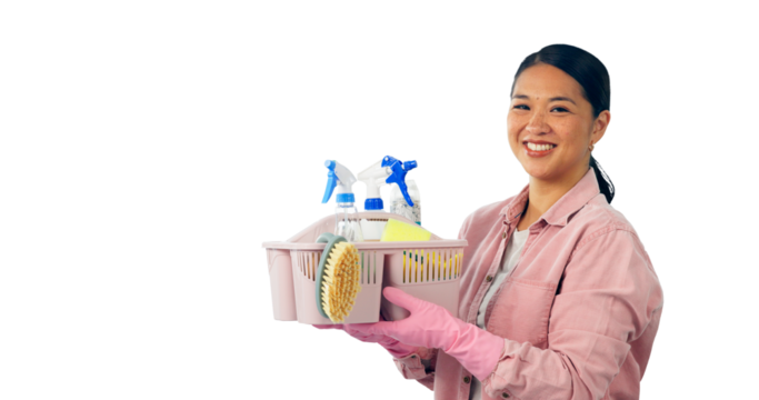 Woman, smile and portrait with cleaning supplies for maintenance, service and hygiene. Asian person, face and container with product for dirt disinfection on isolated, transparent and png background