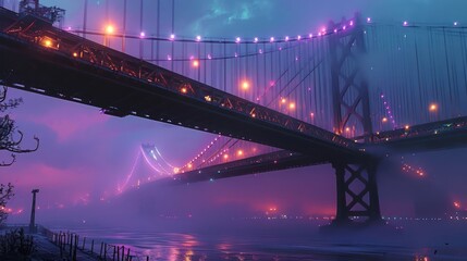 Fototapeta na wymiar fog-blanketed bridges bathed in soft lavender lights depicting a dreamy and whimsical cityscape