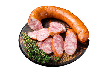 Sliced Krakow Smoked sausage on a wooden board. Isolated, Transparent background.