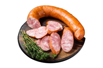 Papier Peint photo Cracovie Sliced Krakow Smoked sausage on a wooden board. Isolated, Transparent background.