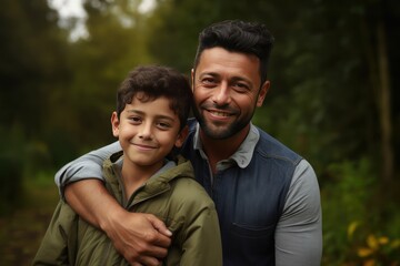 Portrait of father and son hugging each other while smiling, home room background