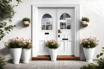 Fototapeta na wymiar White front door with small square decorative windows and flower pots 