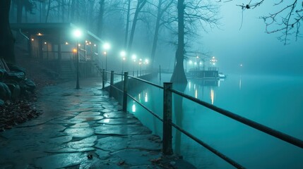 foggy lakeshores lit with dreamy turquoise lights capturing a magical and calming natural setting - obrazy, fototapety, plakaty