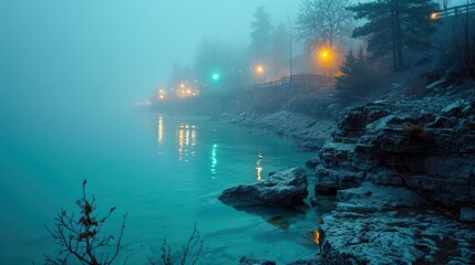 foggy lakeshores lit with dreamy turquoise lights, capturing a magical and calming natural setting - obrazy, fototapety, plakaty