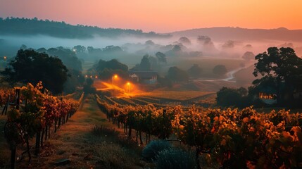 fog-laden vineyards under warm amber lights, creating an idyllic and picturesque rural landscape