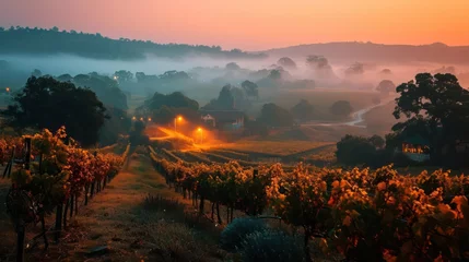 Muurstickers fog-laden vineyards under warm amber lights, creating an idyllic and picturesque rural landscape © Tina
