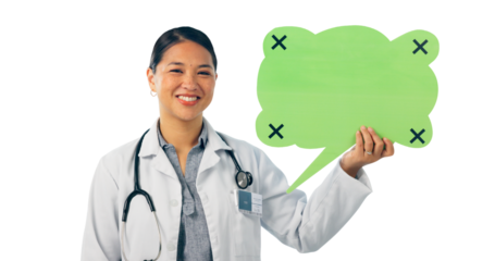 Doctor, smile and speech bubble for healthcare advice, medical FAQ or public service announcement. Portrait, female physician and text balloon for communication on isolated transparent png background