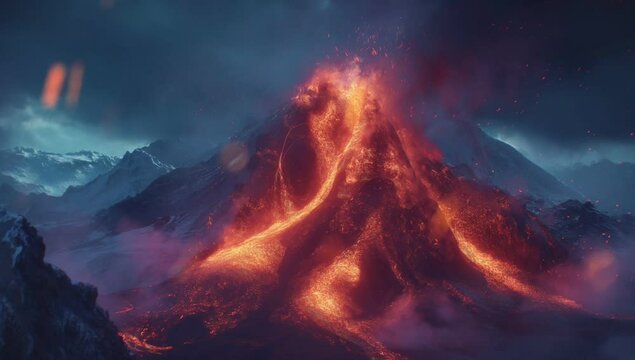 Thunderous explosions fill the air as a volcanic mountain erupts, releasing explosive lava cascading down its slopes. Flashes of fire and thick smoke create a tumultuous and intense atmosphere