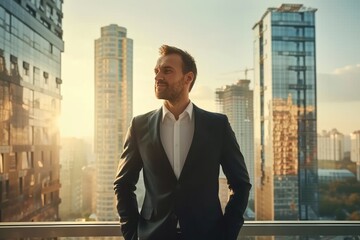 Young businessman stands confidently radiant smile reflecting journey to success amidst towering buildings and hustle of urban life exudes sense of accomplishment and professionalism