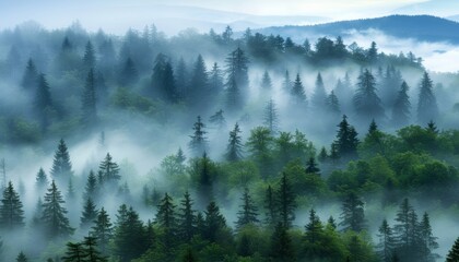Vintage retro style misty mountain landscape with fir forest in green and light gray fog
